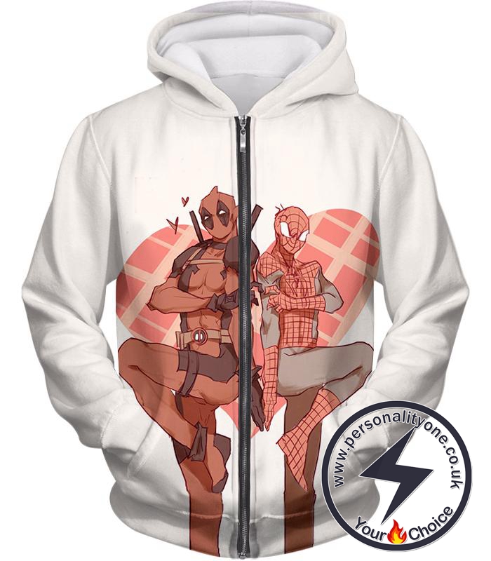 Cheerleading Comic Art Deadpool and Spiderman Funny White Zip Up Hoodie